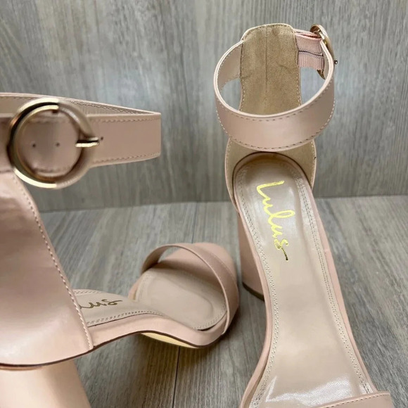 Lulus Sandals Womens Sz 9 Open Toe Ankle Strap High Heel Faux Leather Nude Beige - Picture 8 of 11